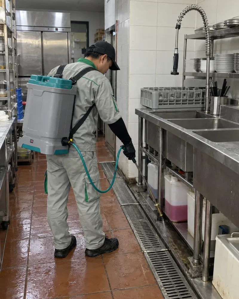 Kỹ thuật viên phun khe áp lực thấp rãnh khu rửa của nhà hàng