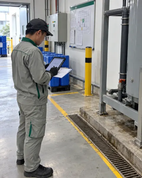 Kỹ thuật viên ghi nhận trên máy tính bảng tại bàn EHS khu kỹ thuật nhà máy dược