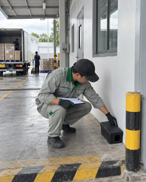Kỹ thuật viên đặt trạm bả chuột cạnh cửa giao nhận ngoài vùng sạch nhà máy dược
