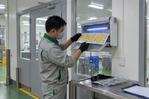Kỹ thuật viên kiểm tra tấm keo đèn côn trùng ở cửa đệm nhà máy dược