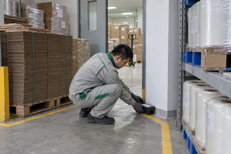 Kỹ thuật viên đặt bẫy giám sát ở góc kho bao bì phụ nhà máy dược