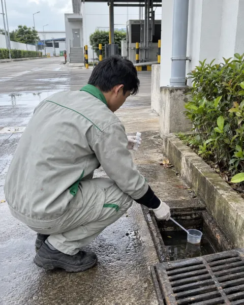 Kỹ thuật viên lấy mẫu lăng quăng ở hố thu nước sân phụ nhà máy dược