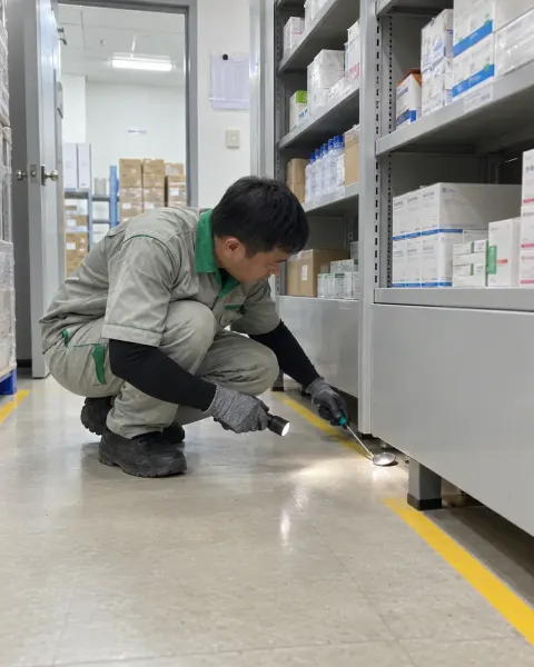 Kỹ thuật viên soi đèn pin khe chân tủ kho phụ nhà máy dược
