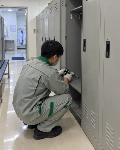 Kỹ thuật viên bơm gel diệt gián vào khe tủ phòng thay đồ cơ sở y tế sản xuất