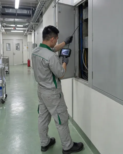 Kỹ thuật viên đưa camera nội soi vào khoang cáp hành lang kỹ thuật nhà máy dược