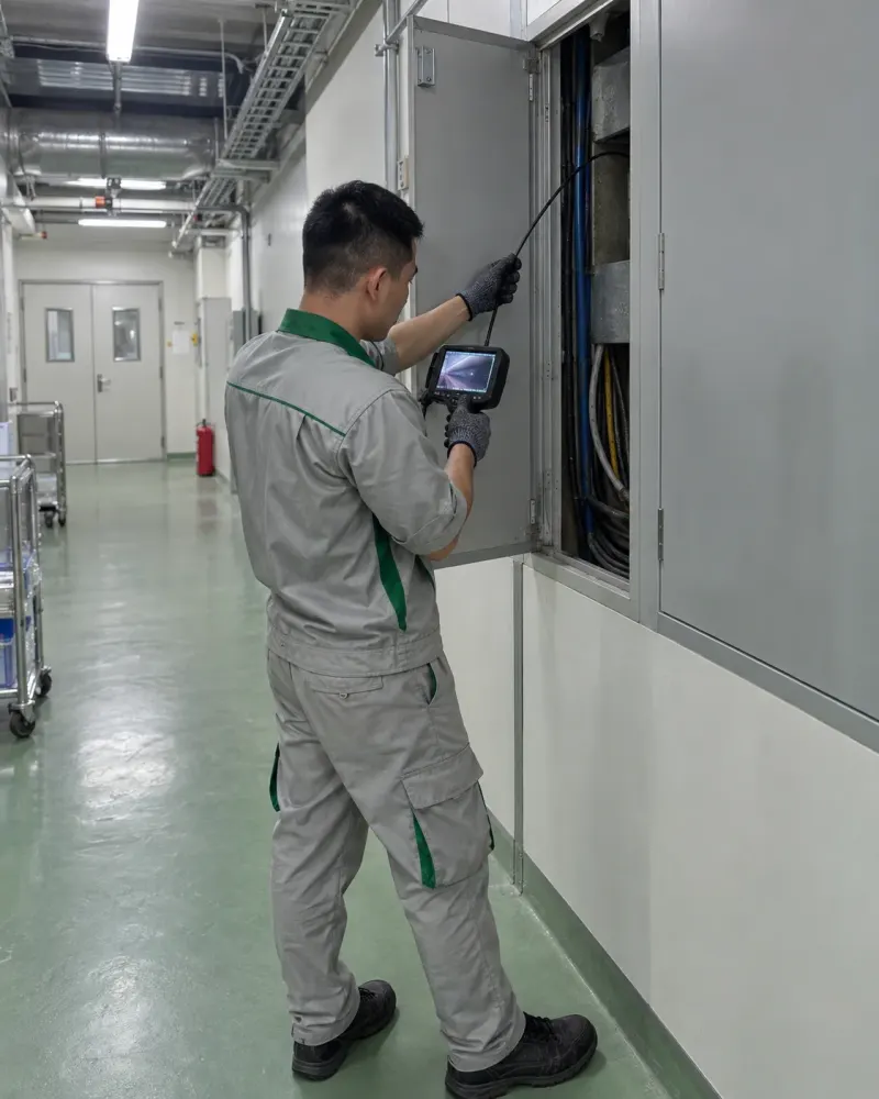 Kỹ thuật viên soi camera vào hộp cáp ở hành lang kỹ thuật nhà xưởng