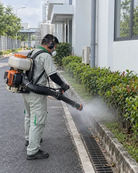 Kỹ thuật viên phun sương ngoại vi rãnh ngoài nhà máy dược