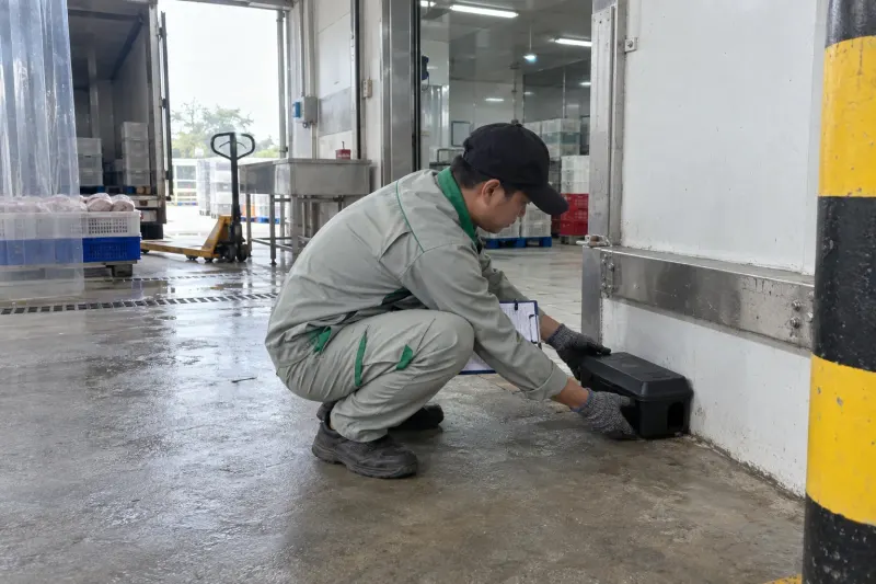Kỹ thuật viên đặt hộp giám sát chuột không thuốc ở khu nhận nguyên liệu nhà máy thực phẩm