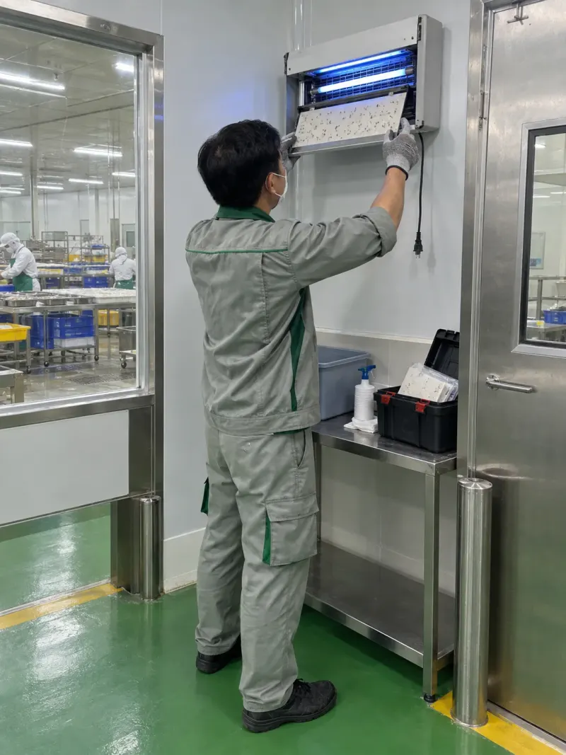 Kỹ thuật viên kiểm tra tấm keo đèn bắt ruồi ở tiền phòng nhà máy thực phẩm