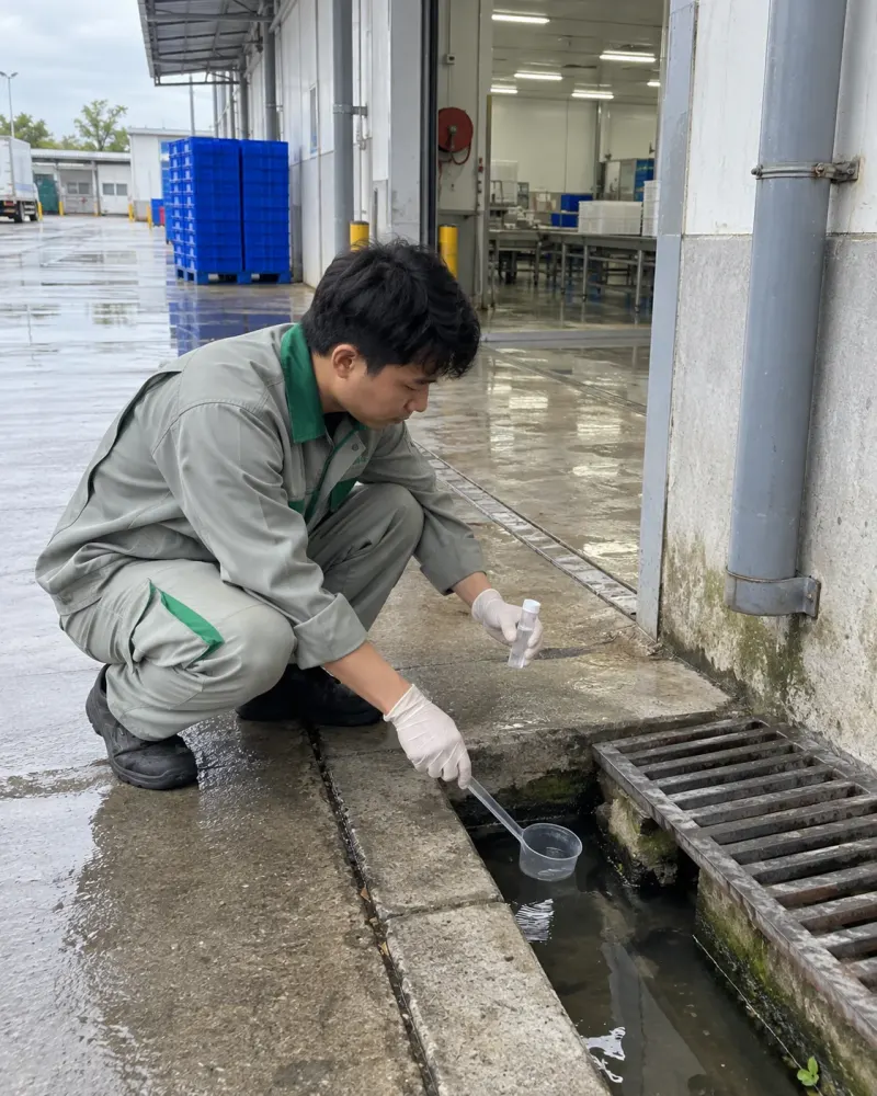 Kỹ thuật viên lấy mẫu lăng quăng ở hố thu nước ngoài xưởng thực phẩm