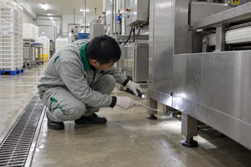 Kỹ thuật viên soi đèn pin khe chân bệ máy trong xưởng thực phẩm