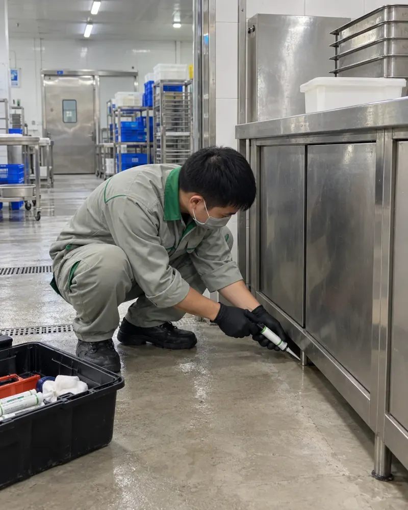 Kỹ thuật viên bơm gel diệt gián vào khe chân tủ inox nhà máy thực phẩm