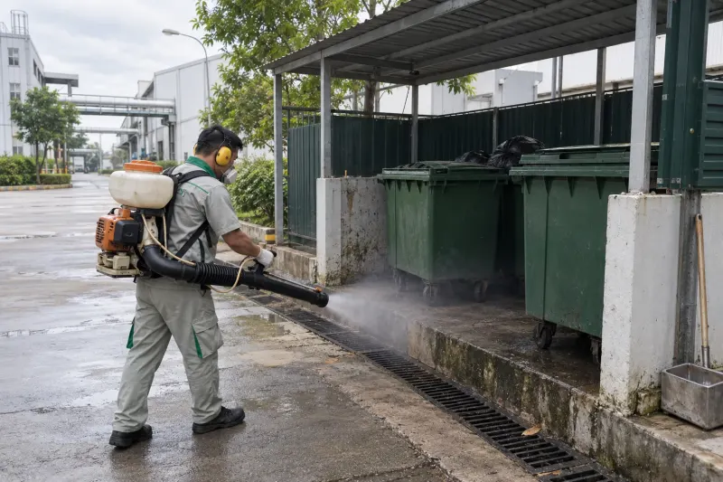 Kỹ thuật viên phun sương ngoại vi khu xử lý rác nhà máy thực phẩm