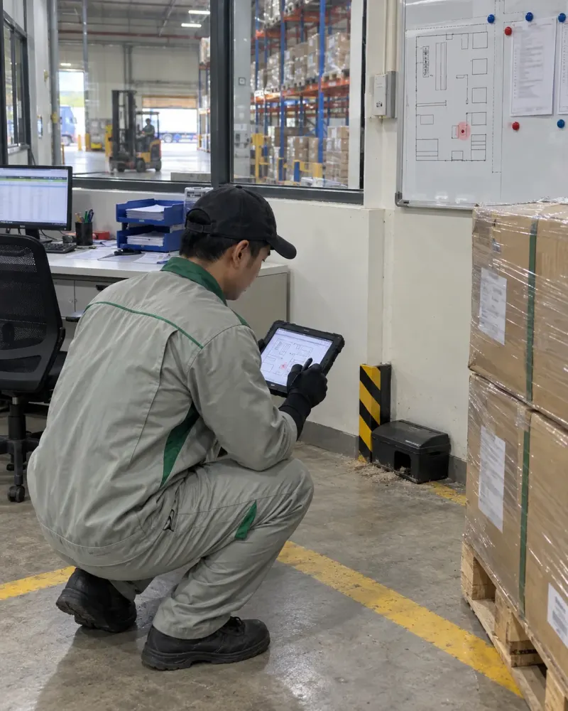 Kỹ thuật viên ghi nhận trên máy tính bảng tại bàn điều hành kho