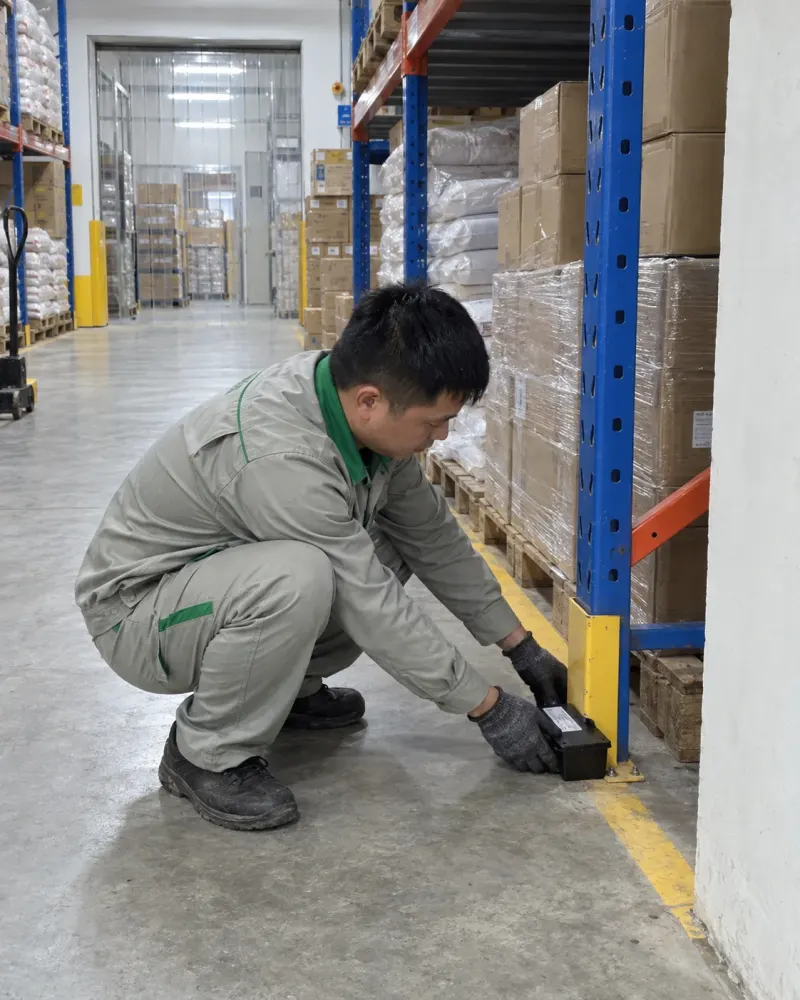 Kỹ thuật viên đặt bẫy giám sát ở góc kho vật tư khô nhà máy