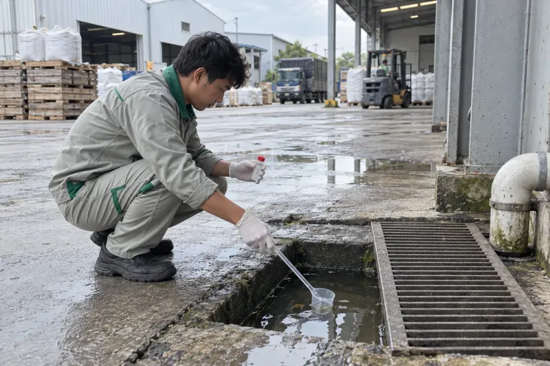 Kỹ thuật viên lấy mẫu lăng quăng ở hố thu nước sân nguyên liệu nhà máy