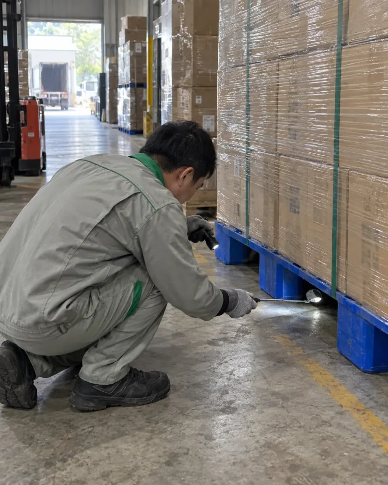 Kỹ thuật viên soi đèn pin khe chân pallet trong kho hàng
