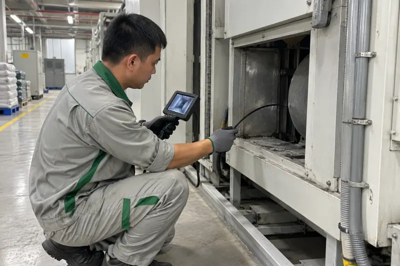 Kỹ thuật viên đưa camera nội soi vào khoang kỹ thuật sau máy trong nhà máy