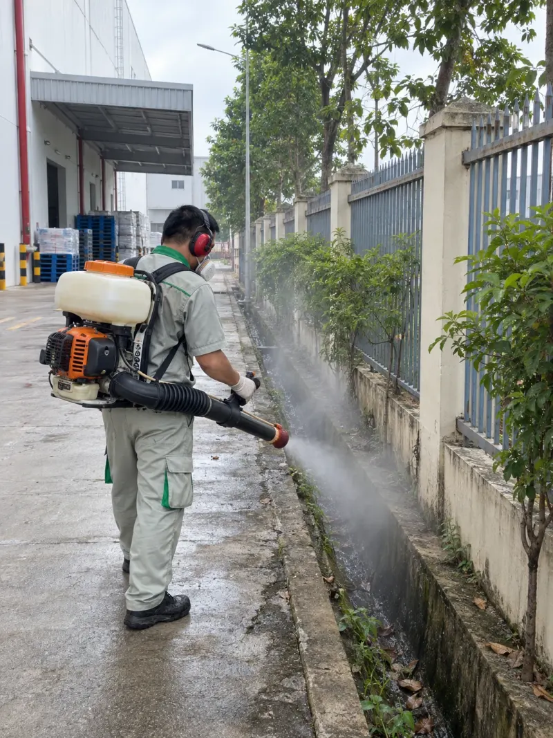 Kỹ thuật viên phun sương ngoại vi mương ngoài hàng rào nhà máy