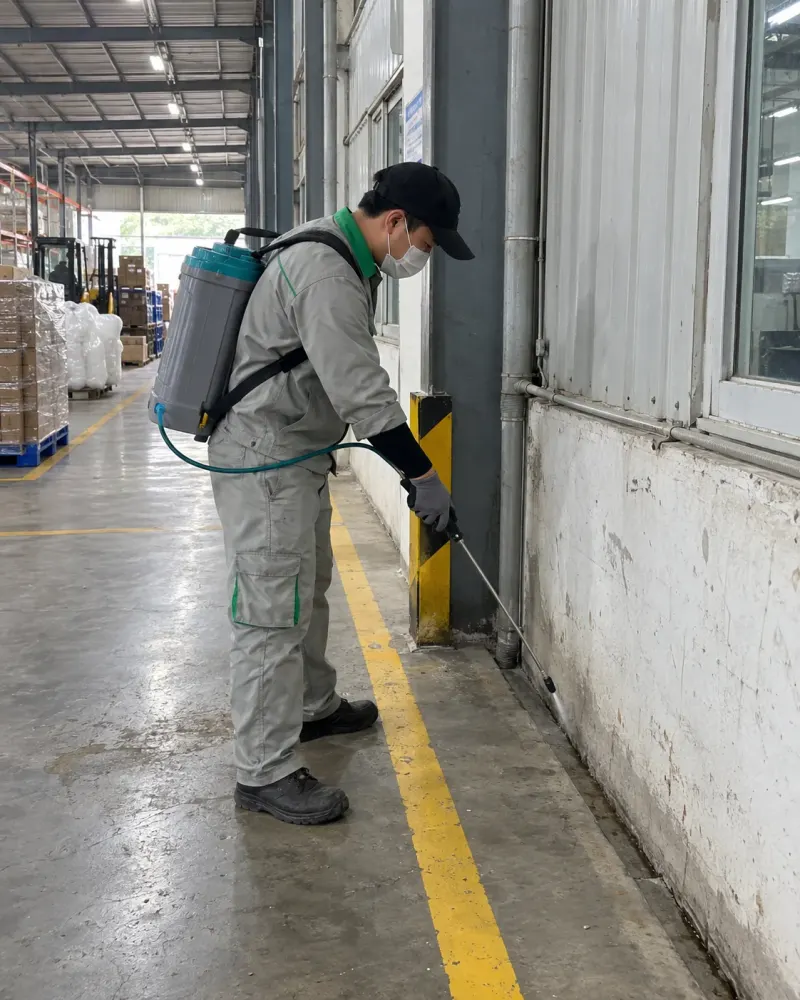Kỹ thuật viên phun khe áp lực thấp dọc rãnh chân tường xưởng