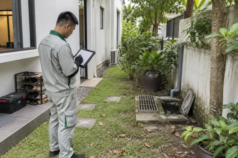 Kỹ thuật viên ghi nhận hiện trạng sân sau biệt thự trên máy tính bảng khi bàn giao
