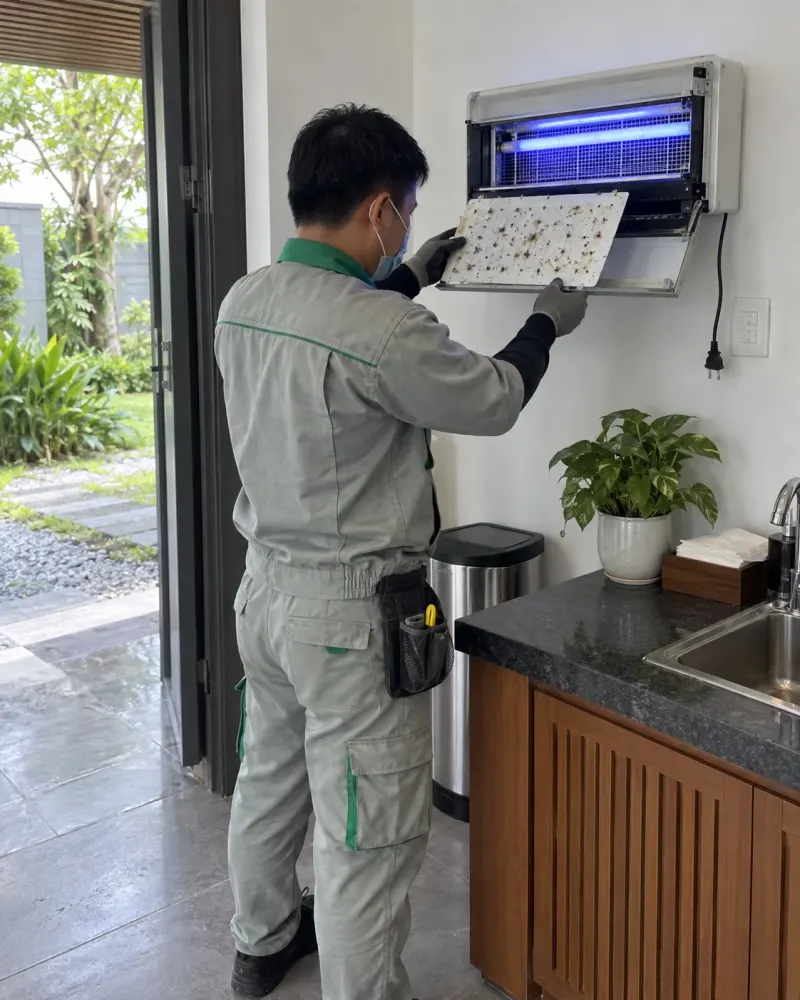 Kỹ thuật viên kiểm tra tấm keo đèn bắt ruồi ở khu phụ nhà ở