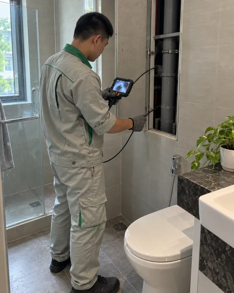 Kỹ thuật viên đưa camera nội soi vào hộp gen phòng tắm nhà ở