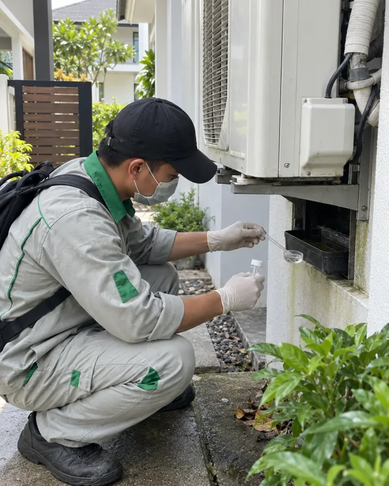 Kỹ thuật viên lấy mẫu lăng quăng ở khay nước điều hòa nhà ở