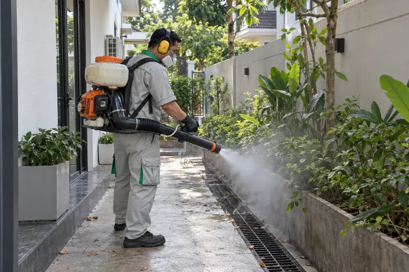 Kỹ thuật viên phun sương ngoại vi rãnh sân sau biệt thự