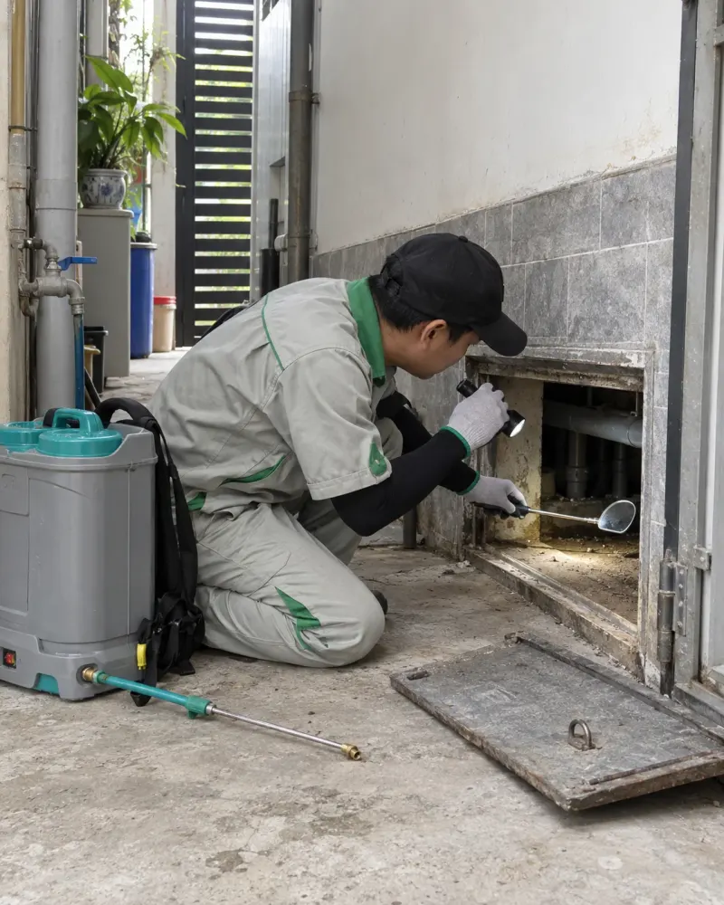 Kỹ thuật viên soi đèn pin kiểm tra khoang kỹ thuật dưới nền nhà phố, bình phun đặt bên cạnh