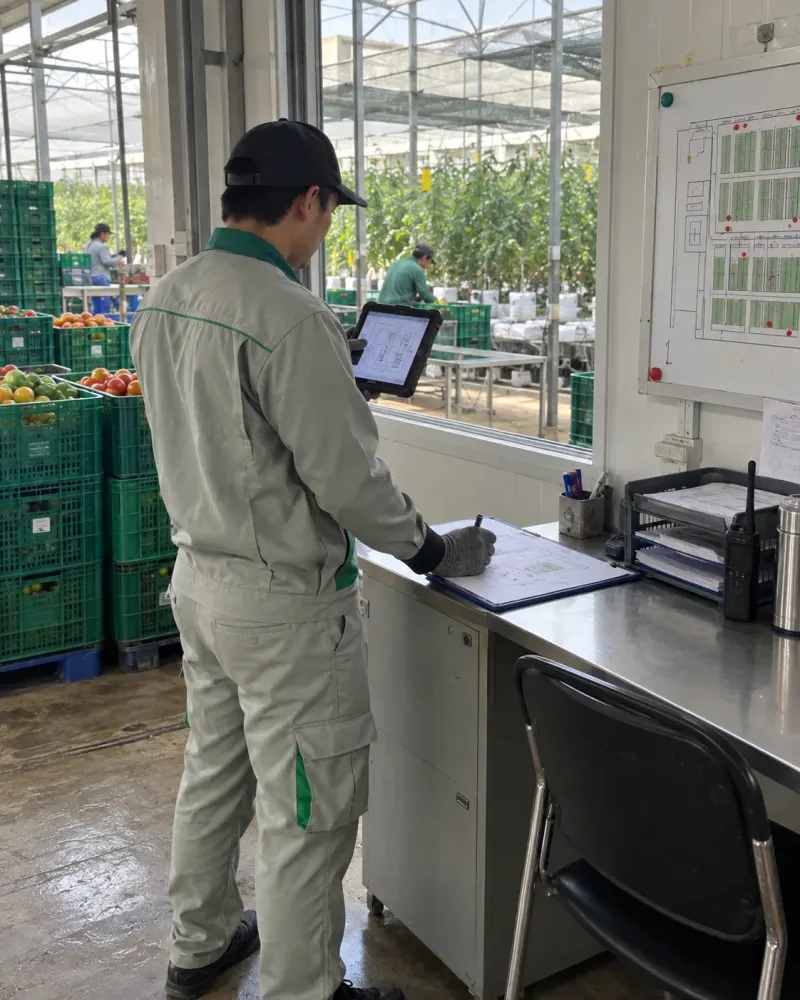 Kỹ thuật viên ghi nhận trên máy tính bảng tại bàn quản lý nông trại