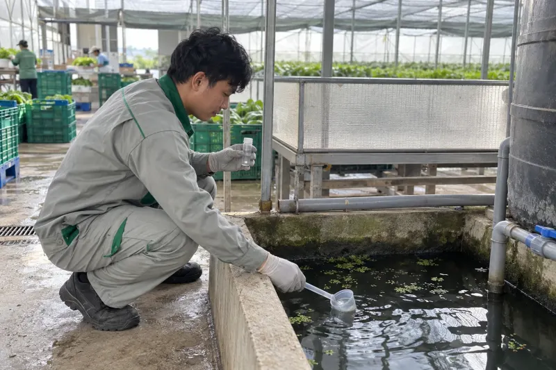 Lấy mẫu lăng quăng ở bể hứng nước tưới: vùng làm 3–4 vụ mỗi năm, bể và mương tưới sát nhà là chỗ muỗi đẻ