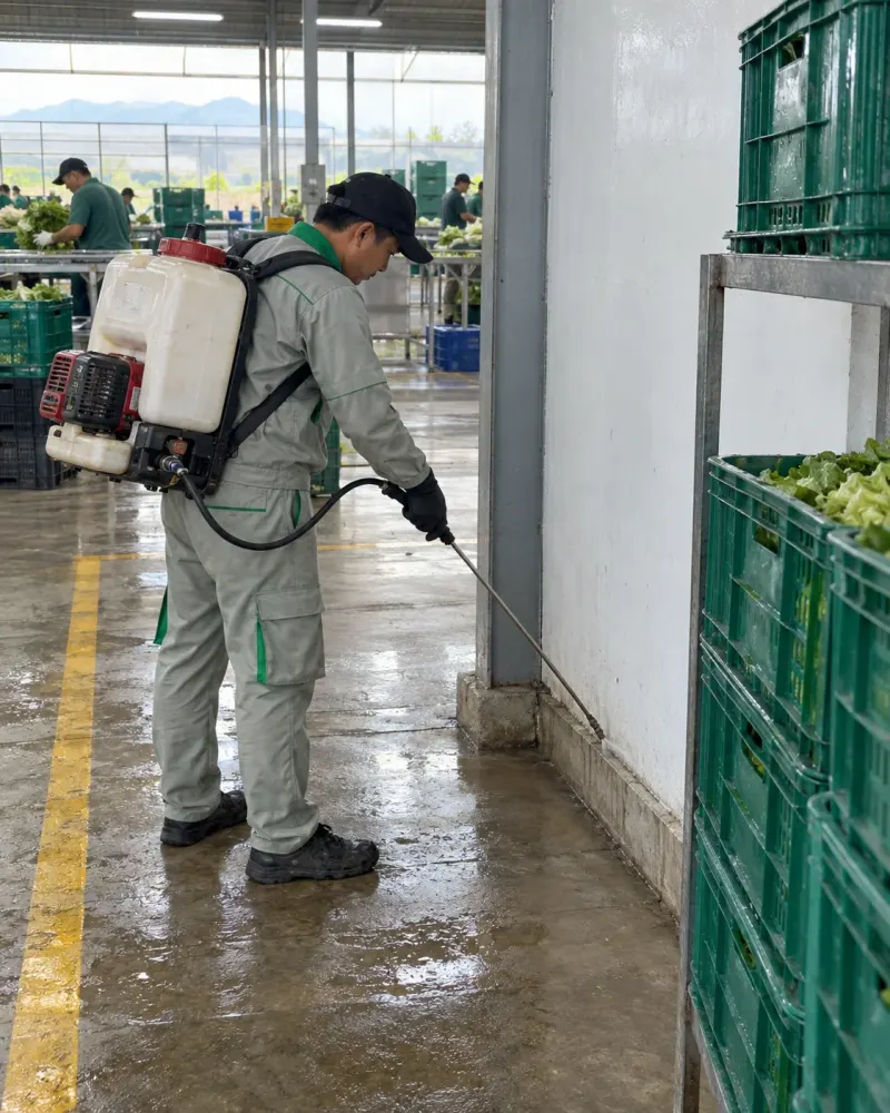 Kỹ thuật viên phun khe áp lực thấp dọc chân tường khu sơ chế nông trại