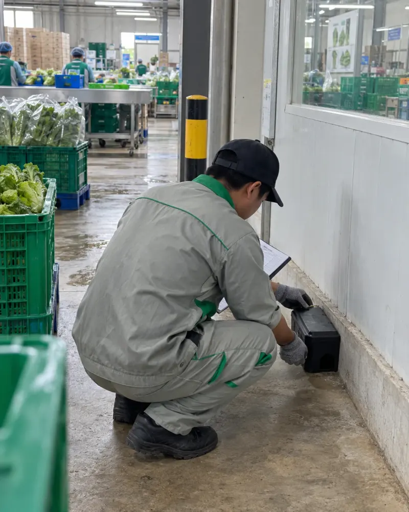 Kỹ thuật viên đặt hộp giám sát chuột cạnh cửa nhà đóng gói nông sản