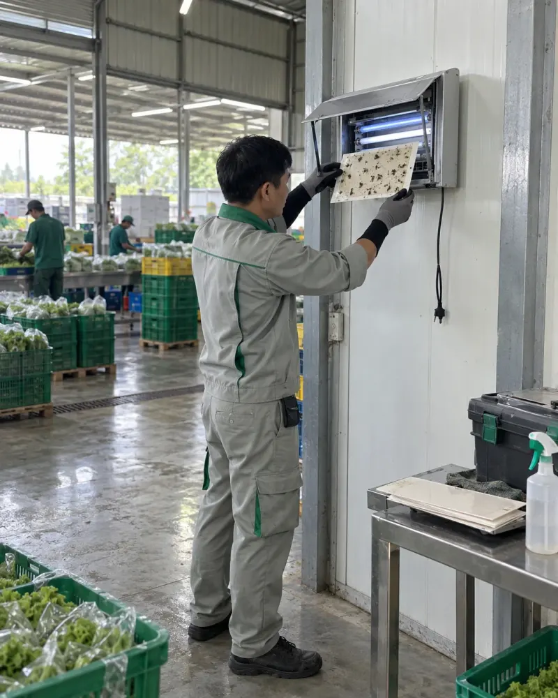 Kỹ thuật viên kiểm tra tấm keo đèn bắt ruồi ở nhà đóng gói nông sản