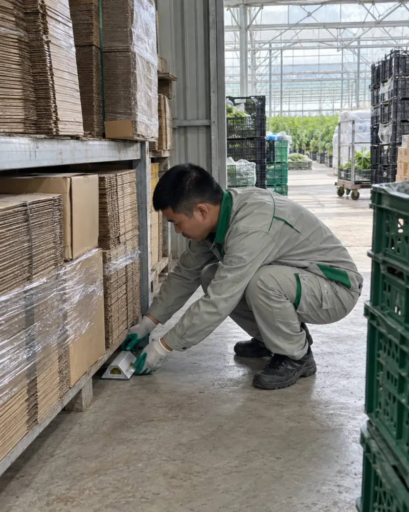 Kỹ thuật viên đặt bẫy giám sát ở góc kho bao bì nông trại