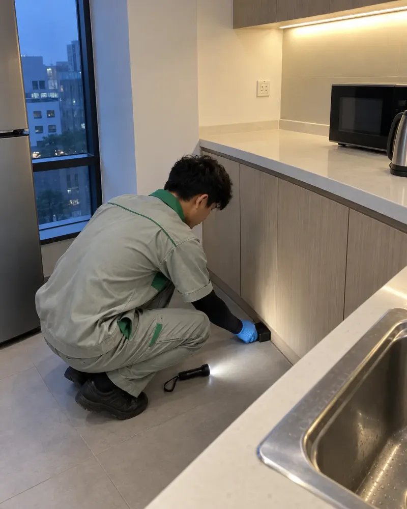 Kỹ thuật viên đặt bẫy dưới tủ pantry văn phòng cạnh bồn rửa