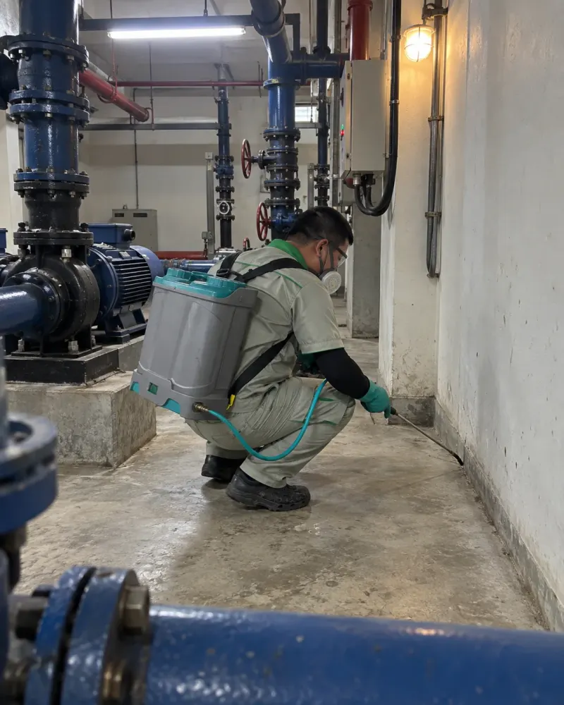 Kỹ thuật viên xử lý chân tường phòng bơm dưới hầm, cạnh đường ống nước
