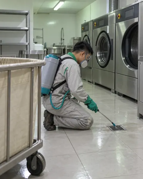 Kỹ thuật viên quỳ xử lý cống sàn phòng giặt khách sạn cạnh máy giặt công nghiệp
