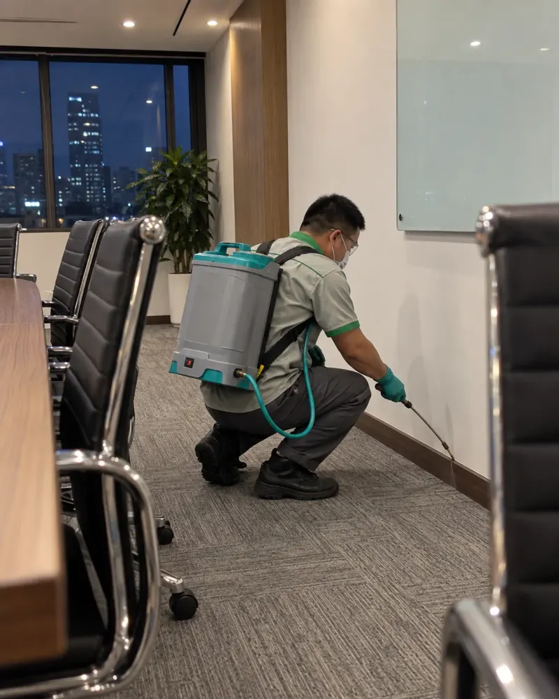Kỹ thuật viên phun tồn lưu chân tường phòng họp văn phòng