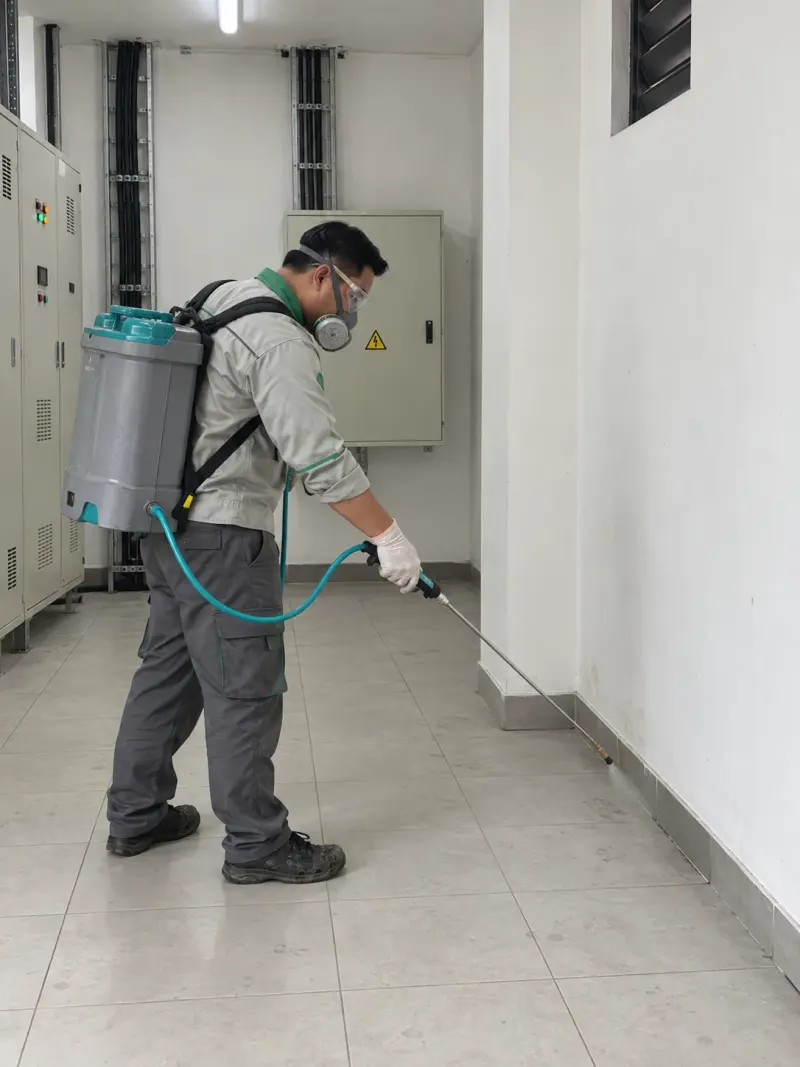 Kỹ thuật viên phun khe phòng kỹ thuật ký túc xá có tủ điện