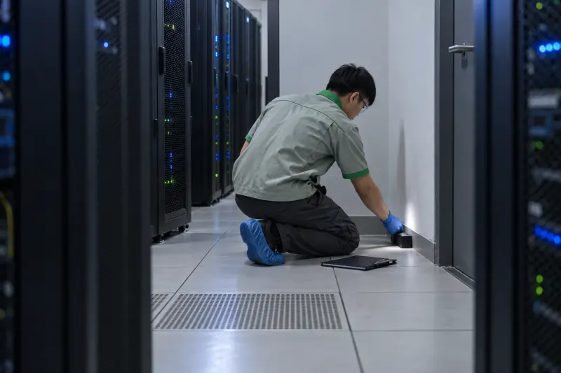 Kỹ thuật viên đặt trạm giám sát trong phòng máy chủ có tủ rack