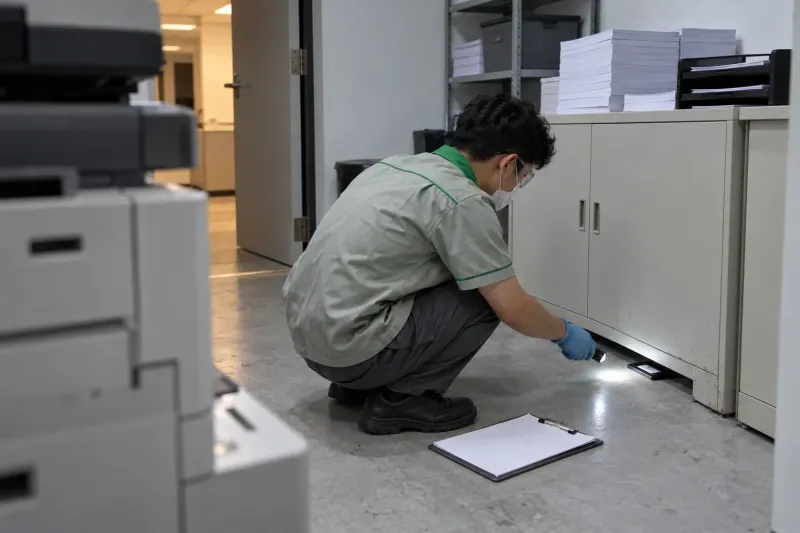 Kỹ thuật viên soi đèn kiểm tra bẫy dưới tủ tài liệu phòng máy in