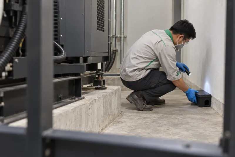 Kỹ thuật viên soi đèn kiểm hộp trạm chuột sát chân tường phòng máy phát