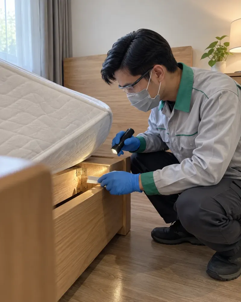 Kỹ thuật viên soi đèn kiểm tra rệp giường dưới nệm phòng ngủ