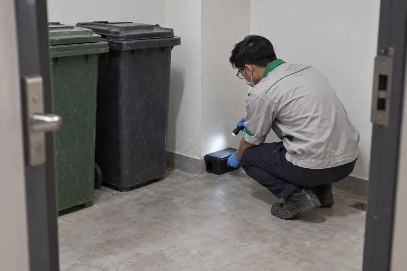 Kỹ thuật viên đặt hộp giám sát chuột ở phòng rác tầng cạnh thùng rác