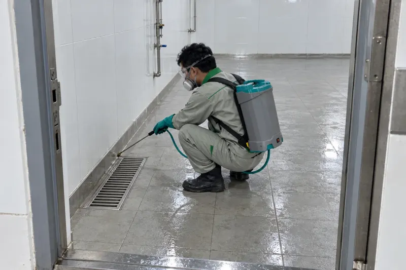 Kỹ thuật viên phun khe phòng rác xưởng thủy sản có thoát sàn