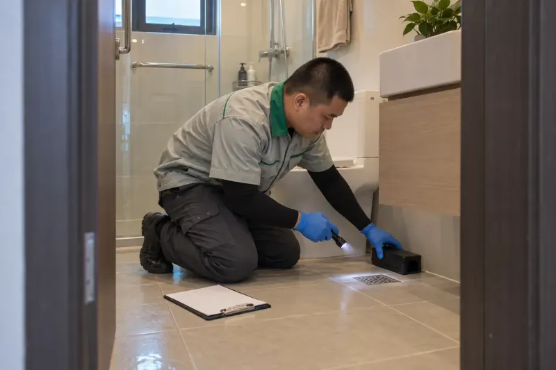 Kỹ thuật viên quỳ soi đèn kiểm tra phễu thoát sàn phòng tắm căn hộ