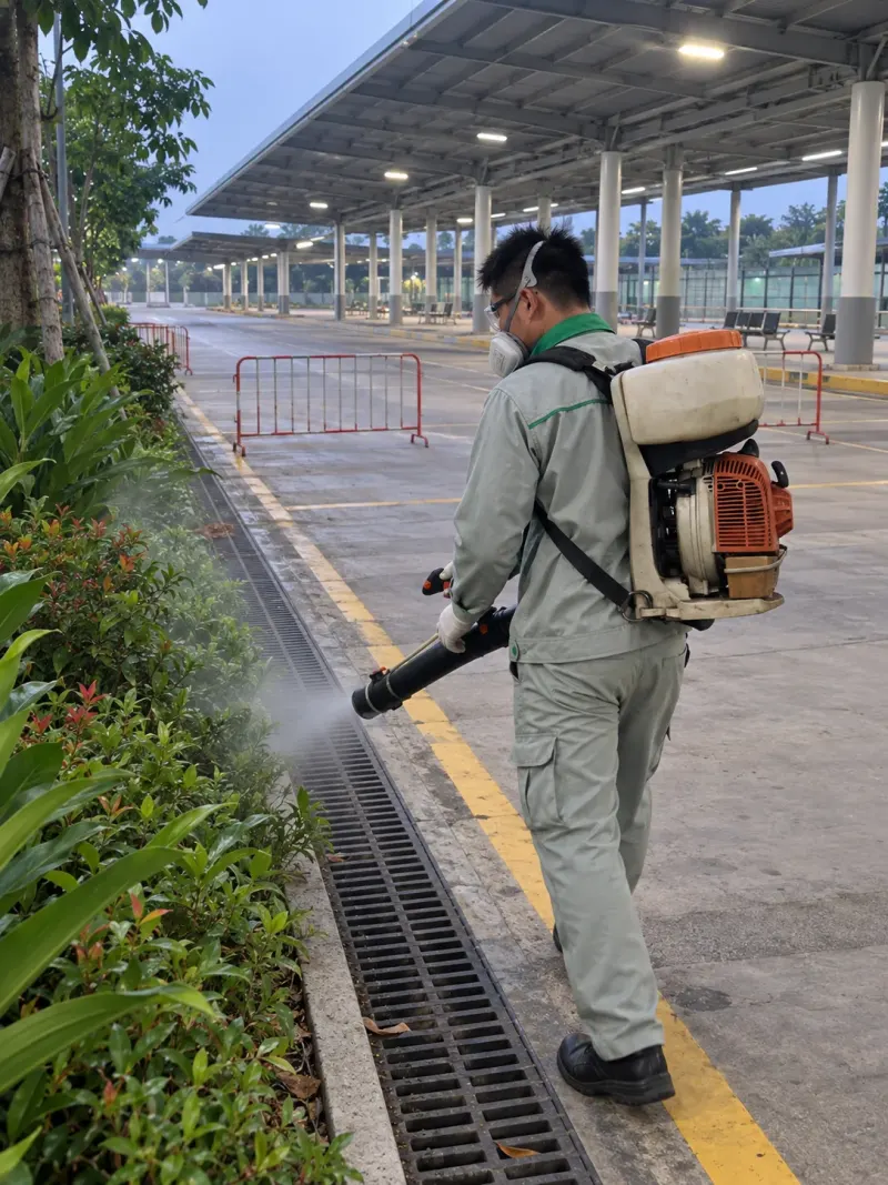 Kỹ thuật viên phun sương rãnh thoát nước bến xe