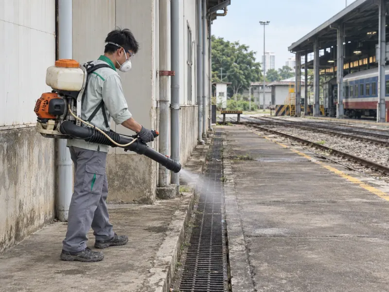 Kỹ thuật viên phun sương rãnh xưởng đường sắt cạnh đường ray